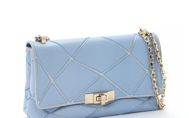 Roger Vivier: A bag made of light blue leather with gold hardware, chain handle with leather detail, two compartments and two zipped pockets.