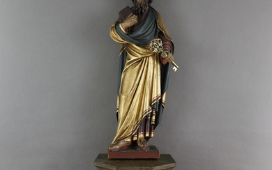 “SAINT PETER” - 20. Century, wood, carved all round, polychrome and gold.