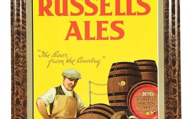 SELF FRAMED TIN SIGN FOR RUSSELLS' ALES.