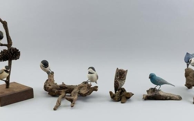 SEVEN BIRD CARVINGS 20th Century Heights from 4” to 13”.