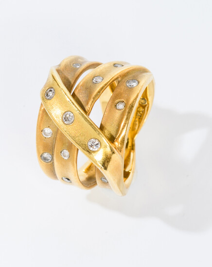 SIGNED DESIGNER TEXTURED 18K YELLOW GOLD AND DIAMOND CONTEMPORARY STRAPWORK...