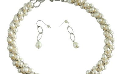 SILVER FRESH WATER PEARL CHOKER NECKLACE EARRINGS SET Stunning Sterling Silver Bead Work Adorned