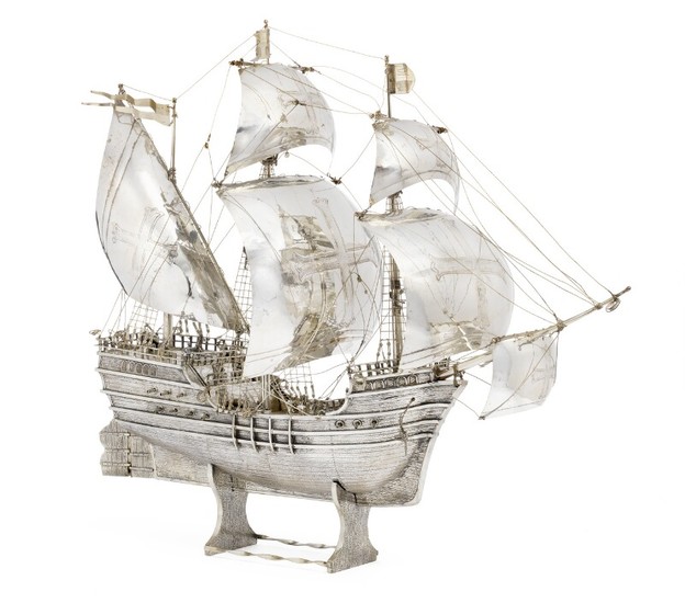 “Santa Maria”. A large solid silver model of the Spanish galleon. Portugal 20th century. Weight 10584 g. L. c. 85 cm.