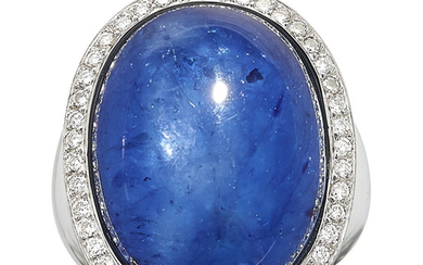 Sapphire, Diamond, White Gold Ring Stones: Sapphire cabochon; full-cut...