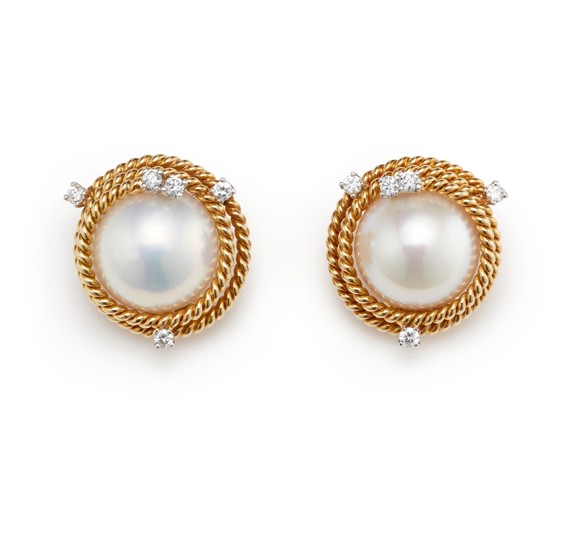 Schlumberger for Tiffany & Co., A Pair of Mabé Pearl, Diamond and Gold Earrings