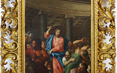 Scuola del secolo XVIII "Cristo caccia i mercanti dal tempio" olio su tela (cm 68x40) in cornice in legno…