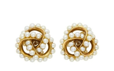 Seaman Schepps Pair of Gold and Cultured Pearl 'Triple Link' Earclips