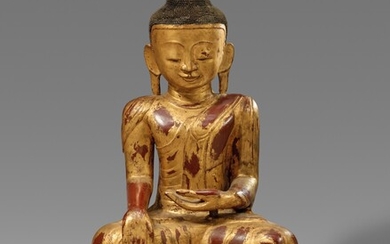 Sehr großer Buddha Shakyamuni. Trockenlack, Holz und vergoldete rotbraune Lackfassung. Birma. Shan-Staaten. 19. Jh.