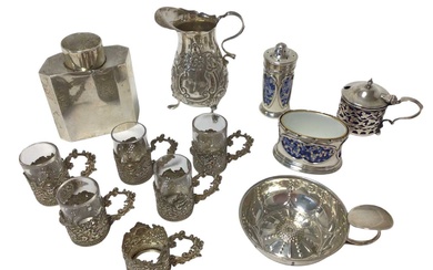 Selection of miscellaneous silver, including cream jug, wine taster, caddy, set of six glass holders (one glass missing) and other items (various dates and makers). Approximately 13ozs weighable si...