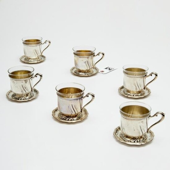 Set (6) German .800/.835 silver teacups & saucers