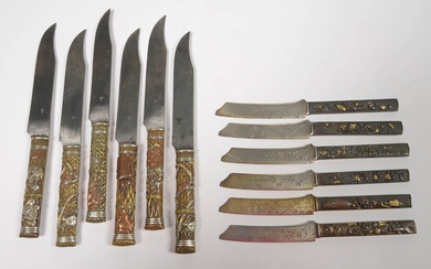 Set of 12 knives including: 6 large bronze knives inlaid with copper, brass and silver decorated with "Plants" and "Animals" on a background of "Basketry" and "Braiding". Mark of the cutler Masatoshi (?). And 6 small bronze knives decorated with...