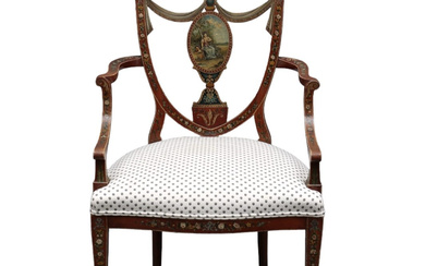 Sheraton style English armchair in satin and polychrome wood, late 19th Century.