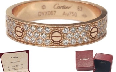 Signed Cartier Diamond Pave 18K Rose Gold Love Collection Band Ring w/ Orig. Box & Papers