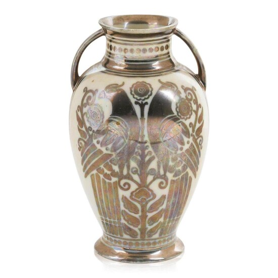 Silver Luster Two Handled Vase With Birds.