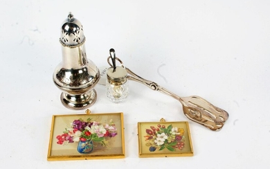 Silver plated sugar caster by Punder Bros, together with a cut glass sugar pot and spoon, and a pair