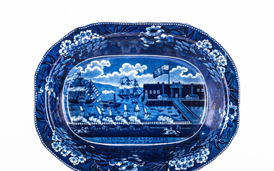 Staffordshire Historical Blue Transfer-decorated Landing of General Lafayette at Castle Garden, New York, August, 1824 Vegetable Bowl