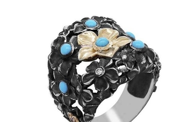 Stambolian Aged Silver and 18K Gold Flower Ring with