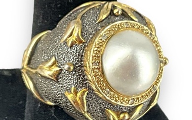 Sterling and Diamonds Ring with Pearl Solitaire