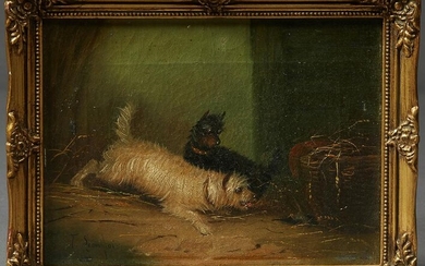 T. Langlois, "Dogs Chasing a Rat," 19th c., oil on