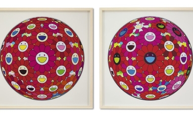 TAKASHI MURAKAMI 村上隆 | I. FLOWERBALL (3D) - RED, PINK, BLUE/ II. THINKING MATTER (RED) (TWO WORKS) i. 花球（3D）（赤、粉紅、藍）/ ii. 思念體（赤）（兩幅作品）