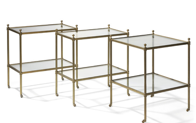 THREE BRASS-MOUNTED GLASS TWO-TIER ETAGERES, BY VAUGHAN, LATE 20TH CENTURY