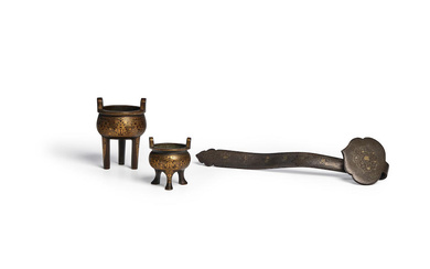 THREE METAL-INLAID ARTIFACTS The ding vessels, 18th century; the scepter,...