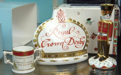 THREE ROYAL CROWN DERBY PAPERWEIGHTS, INCLUDING 'TREASURES OF CHILDHOOD - SOLDIER', ROYAL BABY MINIATURE LOVING CUP AND COLLECTORS'.