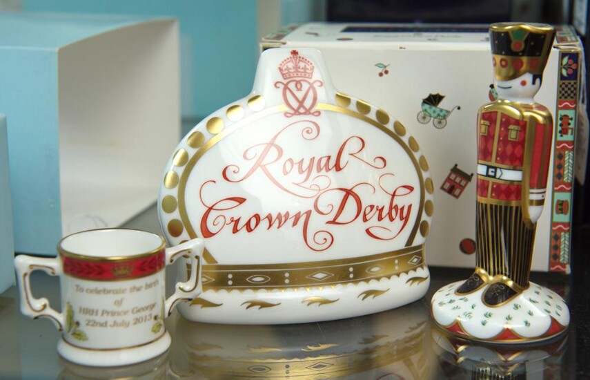 THREE ROYAL CROWN DERBY PAPERWEIGHTS, INCLUDING 'TREASURES OF CHILDHOOD - SOLDIER', ROYAL BABY MINIATURE LOVING CUP AND COLLECTORS'.