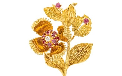 TIFFANY & CO., YELLOW GOLD, DIAMOND AND RUBY 'MOVING CHESTNUT' BROOCH