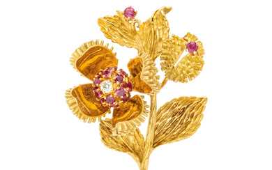 TIFFANY &amp; CO., YELLOW GOLD, DIAMOND AND RUBY 'MOVING CHESTNUT' BROOCH