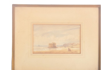 TS Boys - An early 20th Century watercolour landscape painting scene depicting figures walking along sandy beach with building below blue cloudy sky. Titled by artist. Framed & glazed. Fine Art Society label to verso. Measures approx. 37cm x 47cm.