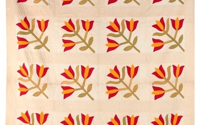 TULIP PATTERN QUILT In red, green, orange and white. 70" x 90".