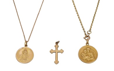 TWO RELIGIOUS PENDANT NECKLACES AND A CROSS