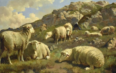 Tableau huile sur panneau en acajou signé Cornelus VAN LEEMPUTTEN [1841-1902] "Mouton dan un paysage"...