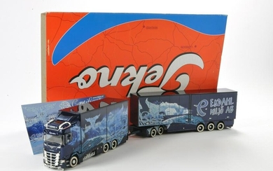 Tekno 1/50 model Truck issue comprising No. 74255 Scania NGS S HL Sweden Combo Showtruck in the