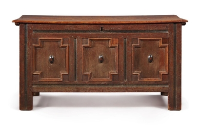 The Nichols Family Pilgrim Century Red and Black Painted Joined Oak and Turned Maple Chest, Massachusetts, circa 1690