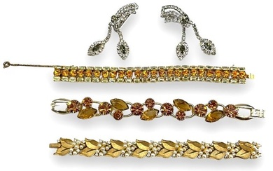 Three Vintage Bright Crystal Bracelets (Including "Trifari") and Earrings!