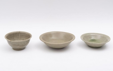 Three antique Asian porcelain celadon bowls Diameters