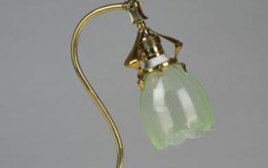 A brass table lamp with blossom-shaped lamp shade, c. 1900