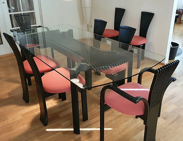 NOT SOLD. Torstein Nilsen: "Totem" Dining table and set of eight chairs of black glazed...