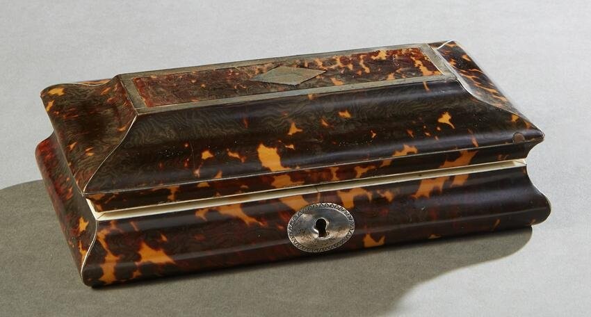 Tortoise Shell Silver Mounted Sewing Box, 19th c., the