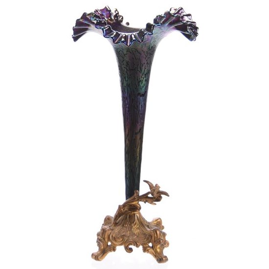Trumpet Vase, Purple Iridescent, Gilt Metal Base