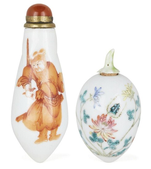 Two Chinese porcelain snuff bottles, 19th century, one of melon form with moulded leaves, painted in iron-red with a warrior bearing a sword, the other of ovoid form, painted in famille rose enamels with blooming flowers issuing from leafy stems...