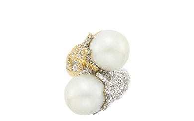 Two-Color Gold, South Sea Cultured Pearl and Diamond Crossover Ring