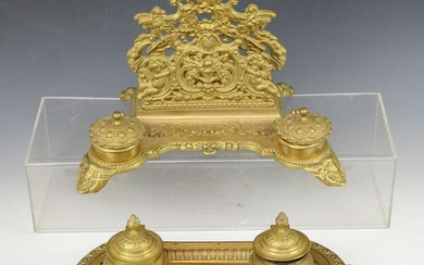 Two Ornate French Brass Inkwells