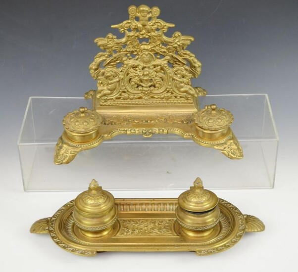 Two Ornate French Brass Inkwells