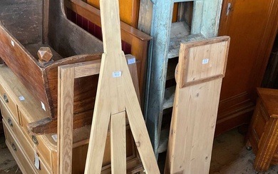 Two pairs of painted pine folding stepladders, a pine ironing...