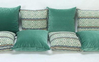 Two sets of four decorative pillows. Dimensions Green Pillow: 23" Sq Dimensions Pattern Pillow