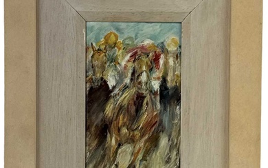 UNATTRIBUTED; oil on canvas, 'Taking the Bend', jockeys on horseback,...