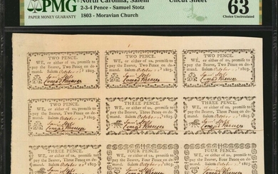 Uncut Sheet of (9). Salem, North Carolina. Samuel Stotz, Moravian Church. 1803. 2-3-4 Pence. PMG Choice Uncirculated 63.